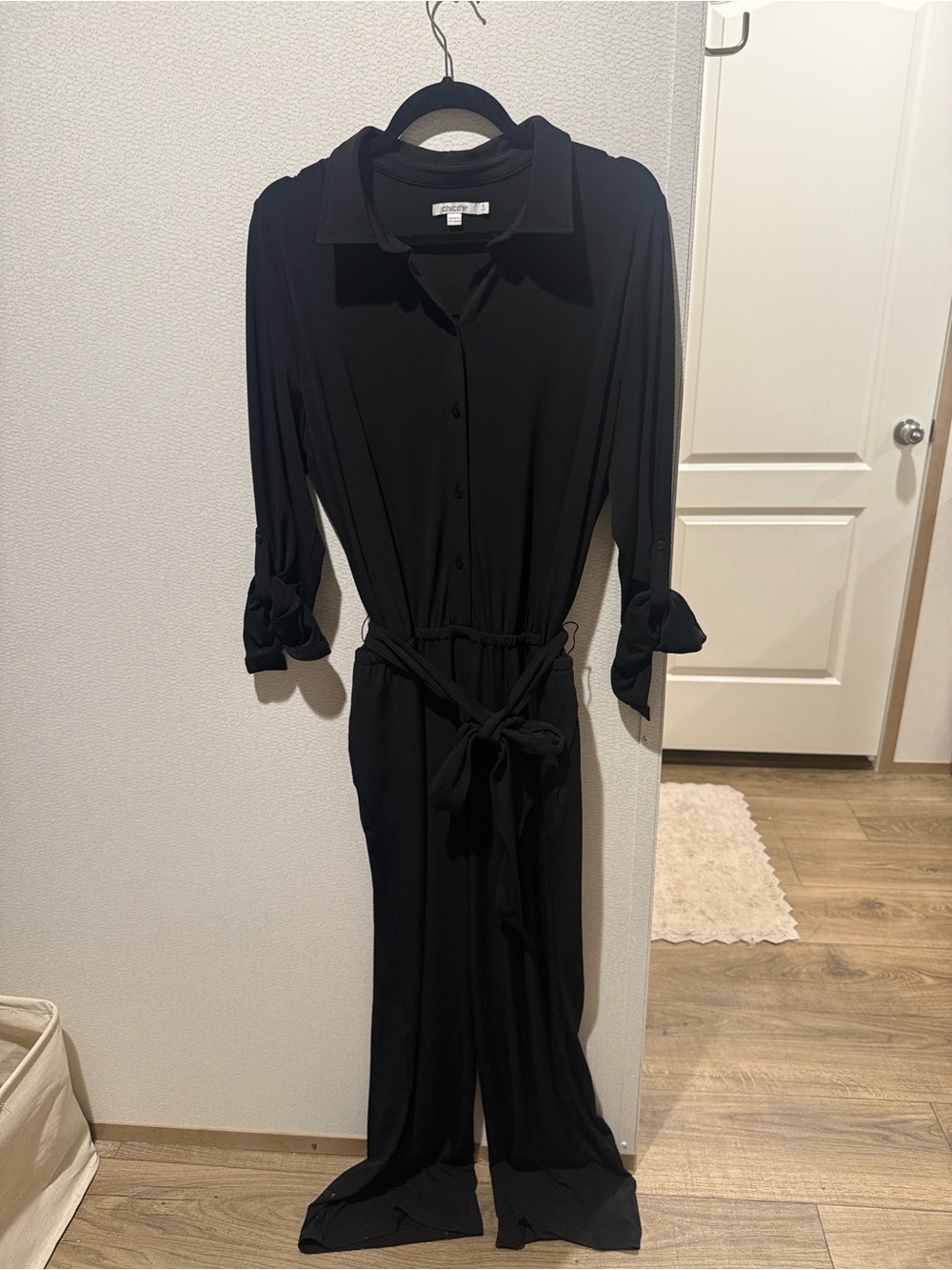 Chico’s Black Long-Sleeve Button Jumpsuit with Tie Waist